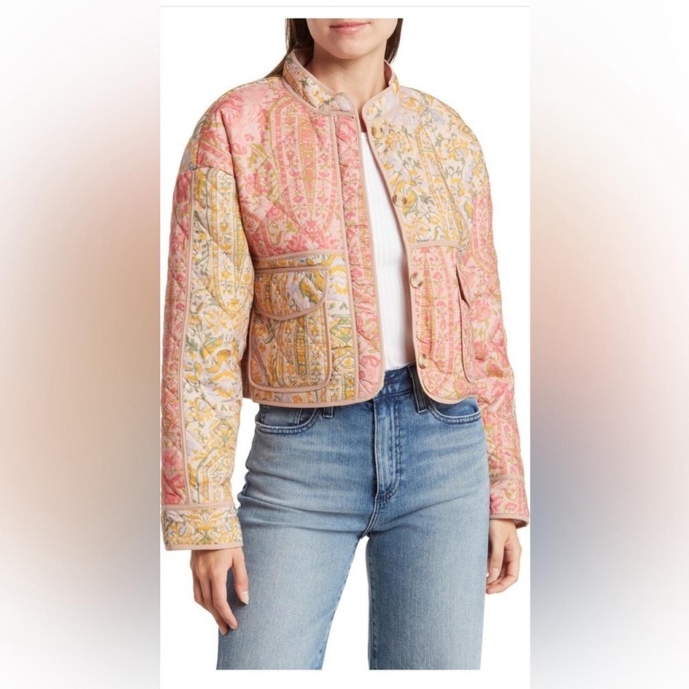 7 FOR ALL MANKIND Quilted Crop Floral Print Patchwork‎ Jacket Women Size M Boho